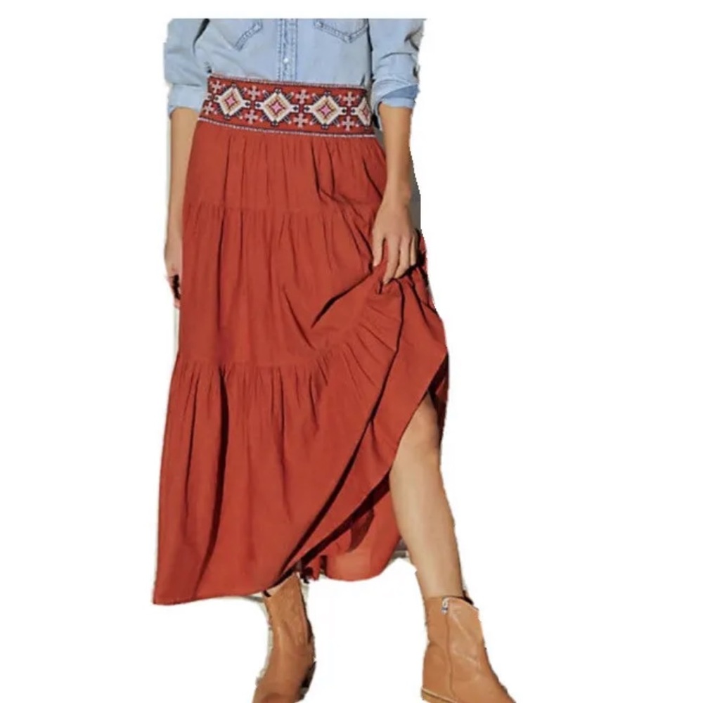 Anthropologie Brea Tiered Orange Embellished Pull On Beaded Maxi Skirt Women